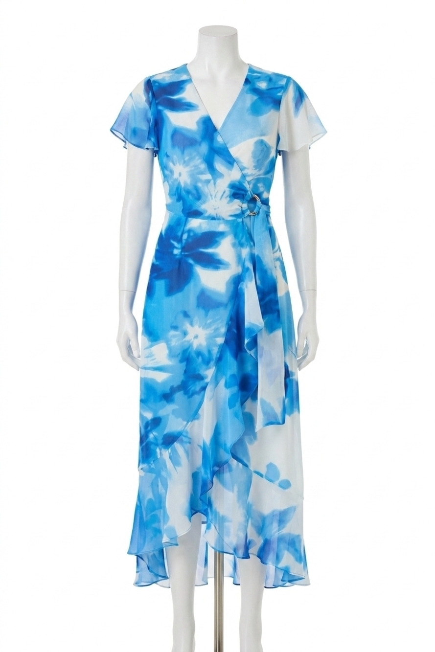 NEW JOSEPH RIBKOFF printed chiffon high low wrap dress in vanilla/blue